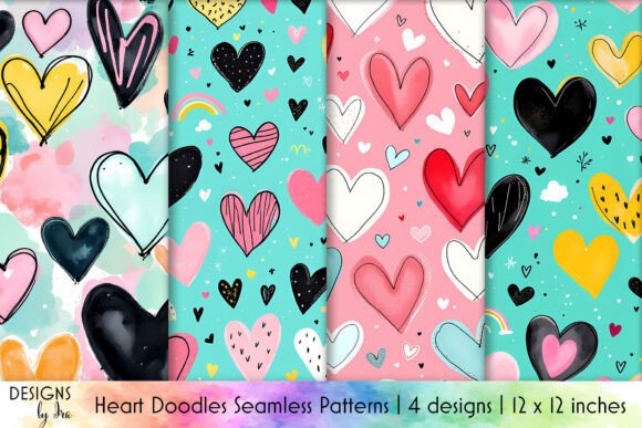 Cute Doodle Hearts Seamless Patterns