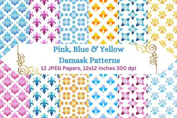 Pink, Blue Yellow Damask Patterns: A Versatile Design Asset for Creatives